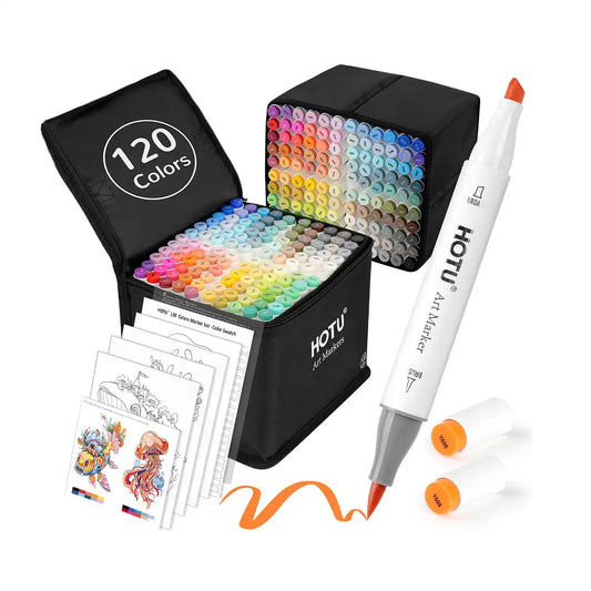 Hotucolor 120-Color Alcohol Marker Set| Brush+Chisel Tips