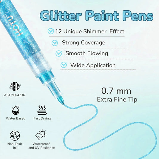Hotucolor 12-Color Glitter Pens | Fine Point (0.7mm) Sparkly Markers