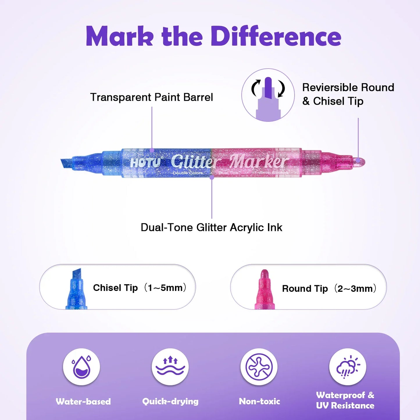 Hotucolor 16-Color Glitter Markers with Reversible Nib | Dual-Tone