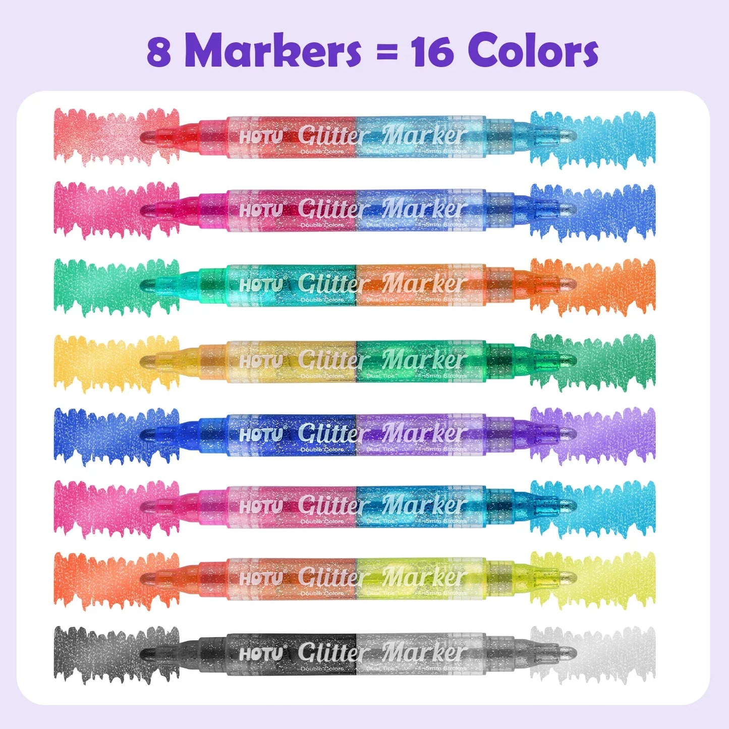 Hotucolor 16-Color Glitter Markers with Reversible Nib | Dual-Tone