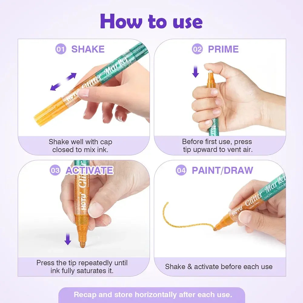 Hotucolor 16-Color Glitter Markers with Reversible Nib | Dual-Tone