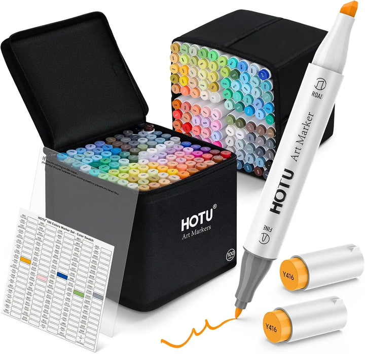 100 color alcohol marker set with dual tips and swatch card.