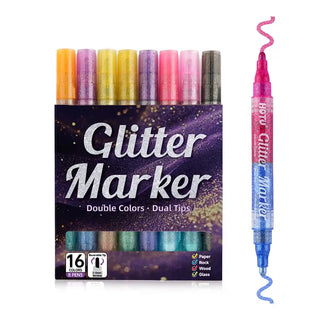 Hotucolor 16-Color Glitter Markers with Reversible Nib | Dual-Tone