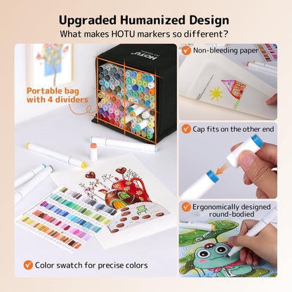 Alcohol Markers, [Beginner Preferred] 100 Vibrant Colors & Dual Tips Art Markers for Kids/Adult Coloring, with Pro Ink, Seamless Blend, Non-Bleeding Pad, & Color Card, for Amateurs/Artists