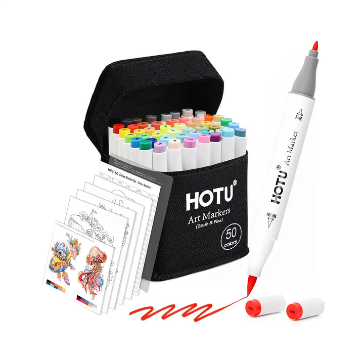 50-Color Alcohol Markers Set | Brush+Fine Tips