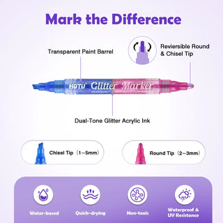 16-Color Glitter Markers with Reversible Nib | Dual-Tone