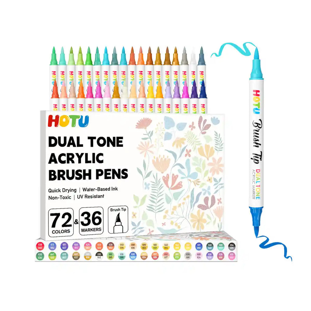 Hotucolor 72-Color Acrylic Paint Markers | Dual-Color Brush Tip Pens ...