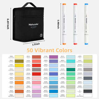 Hotucolor 50 color alcohol markers package and 50 vibrant colors card
